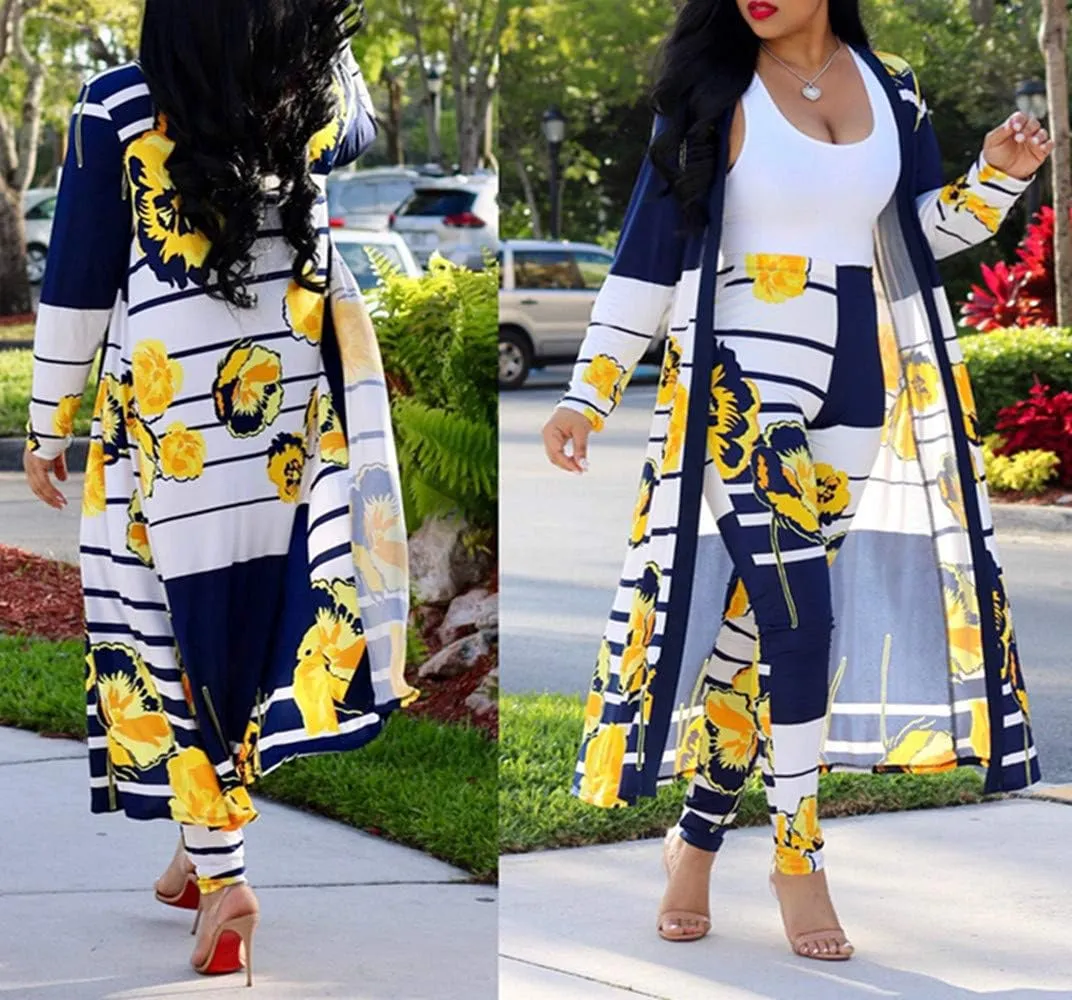ENLACHIC Women Floral Print Long Sleeve Cardigan Cover up Long Pants 2 Piece Outfits Set