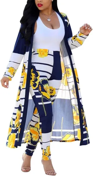 ENLACHIC Women Floral Print Long Sleeve Cardigan Cover up Long Pants 2 Piece Outfits Set