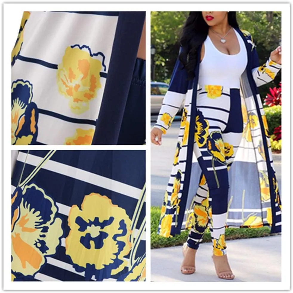 ENLACHIC Women Floral Print Long Sleeve Cardigan Cover up Long Pants 2 Piece Outfits Set
