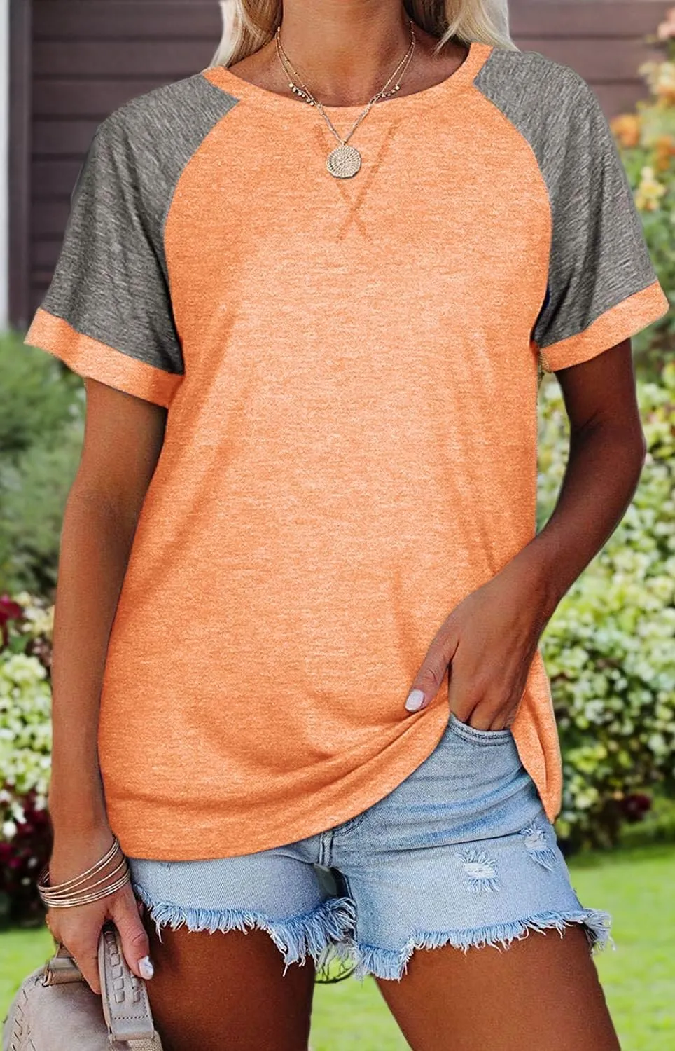 Esobo Women's Raglan Short Sleeve Crewneck T-Shirt Color Block Tunic Tshirt Casual Loose Blouses Tops
