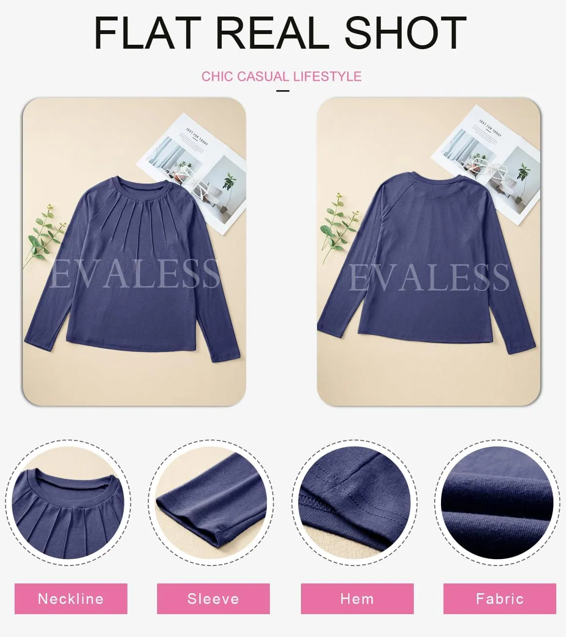 EVALESS Womens Casual Spring Summer Tops 2025 Trendy Crewneck Long Sleeve Shirts Basic T Shirts Loose Fit Pleated Tee Blouses