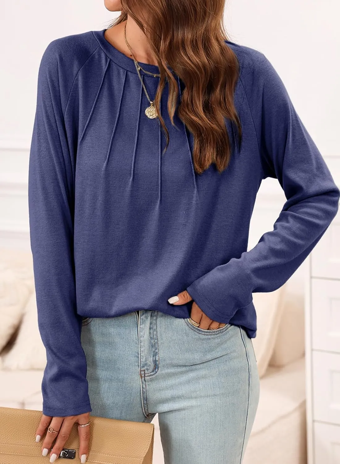 EVALESS Womens Casual Spring Summer Tops 2025 Trendy Crewneck Long Sleeve Shirts Basic T Shirts Loose Fit Pleated Tee Blouses