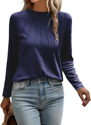 EVALESS Womens Casual Spring Summer Tops 2025 Trendy Crewneck Long Sleeve Shirts Basic T Shirts Loose Fit Pleated Tee Blouses