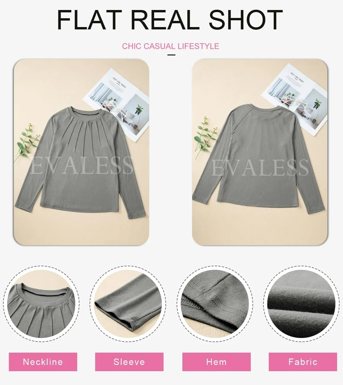EVALESS Womens Casual Spring Summer Tops 2025 Trendy Crewneck Long Sleeve Shirts Basic T Shirts Loose Fit Pleated Tee Blouses