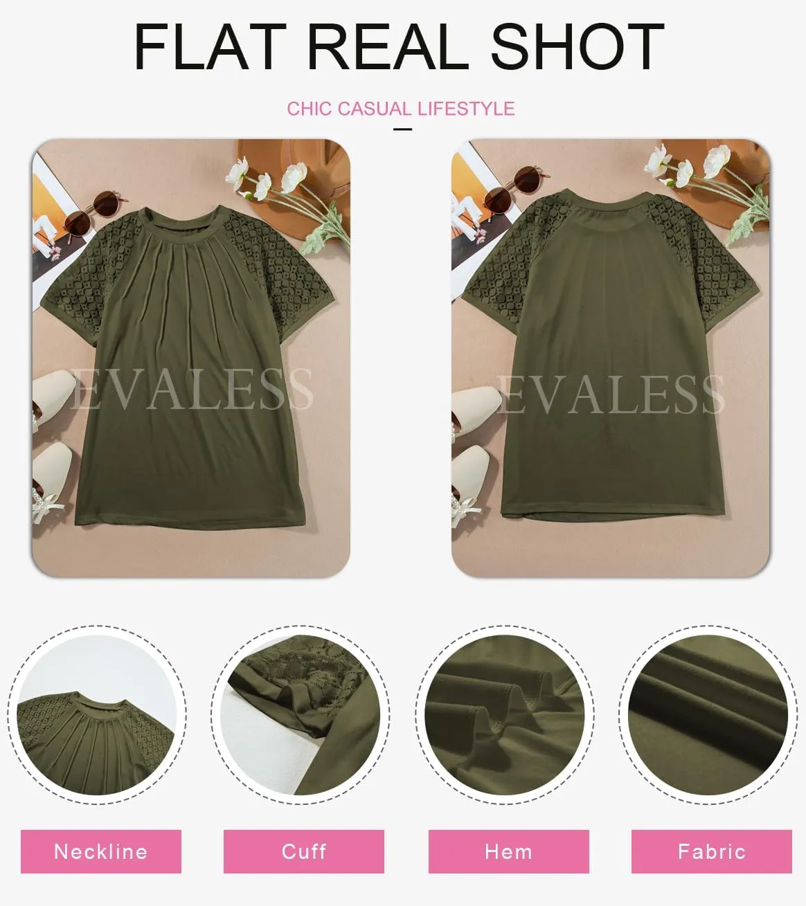 EVALESS Womens Fashion Tops Crewneck Sexy Patchwork Lace Short Sleeve Tee Shirts Casual Knitted Blouses