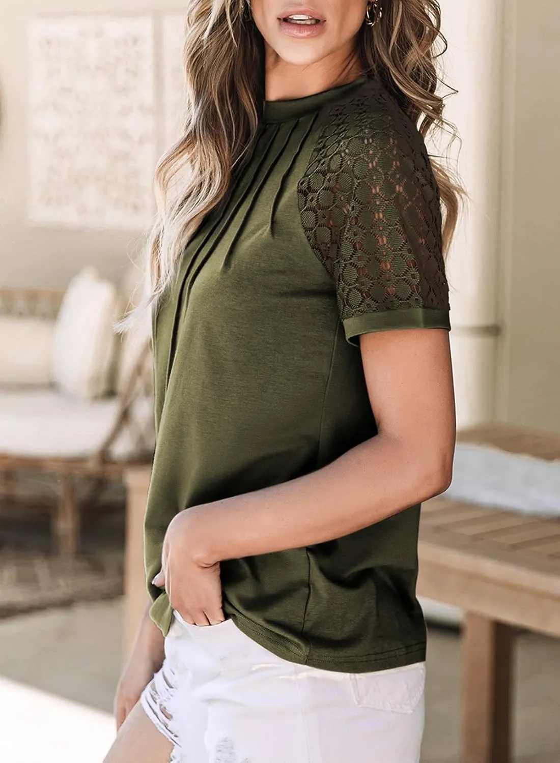 EVALESS Womens Fashion Tops Crewneck Sexy Patchwork Lace Short Sleeve Tee Shirts Casual Knitted Blouses