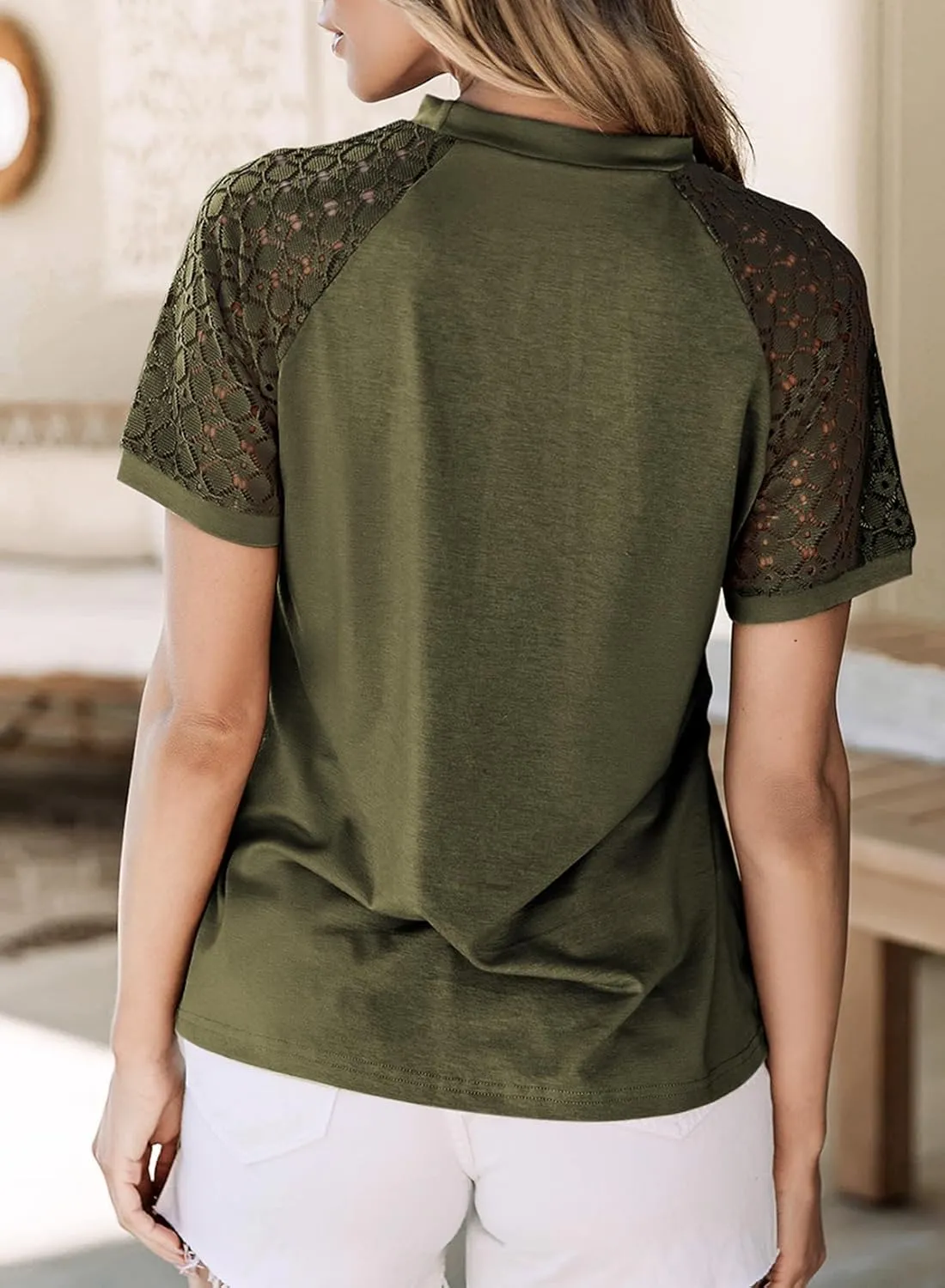 EVALESS Womens Fashion Tops Crewneck Sexy Patchwork Lace Short Sleeve Tee Shirts Casual Knitted Blouses