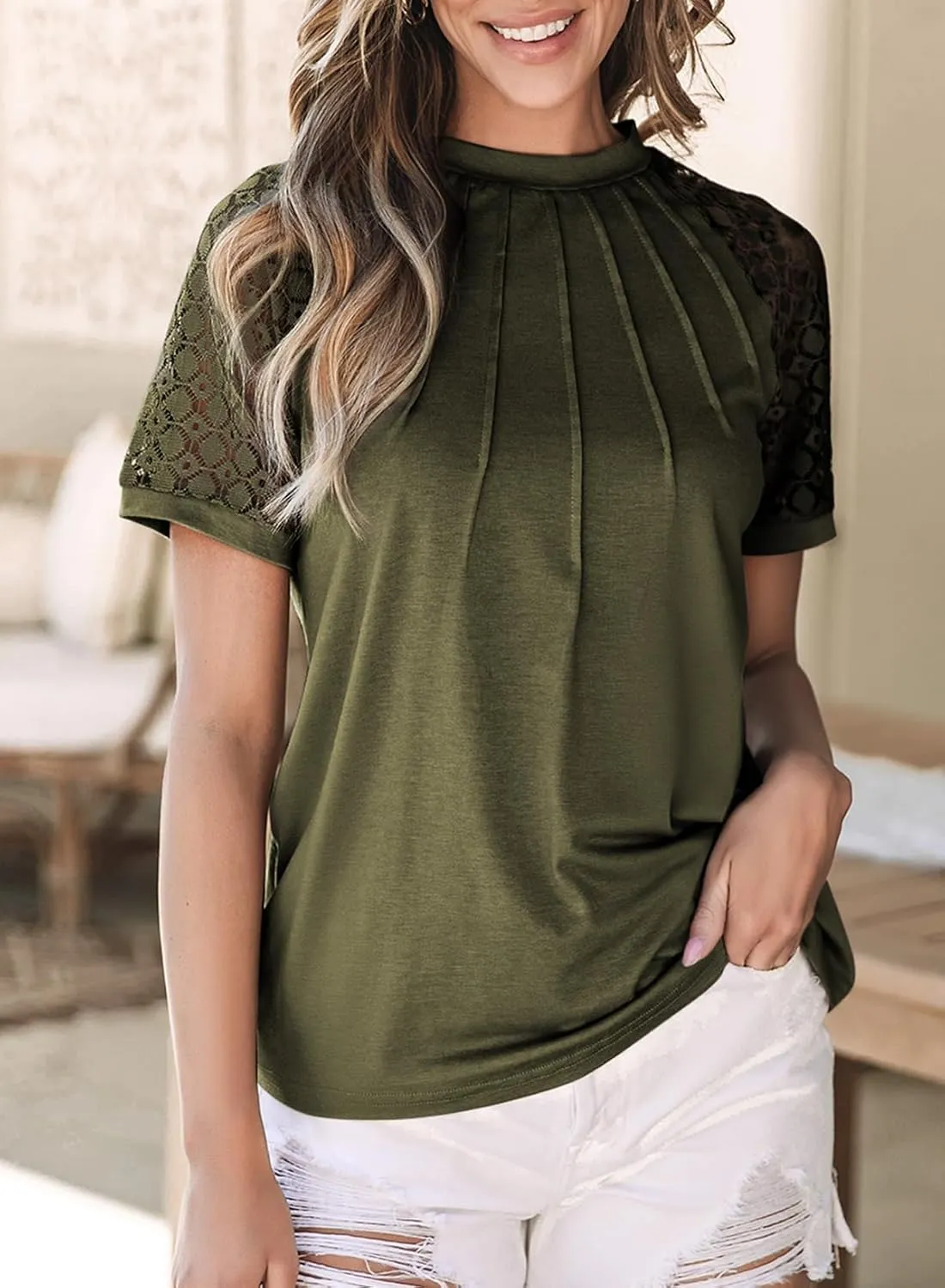 EVALESS Womens Fashion Tops Crewneck Sexy Patchwork Lace Short Sleeve Tee Shirts Casual Knitted Blouses