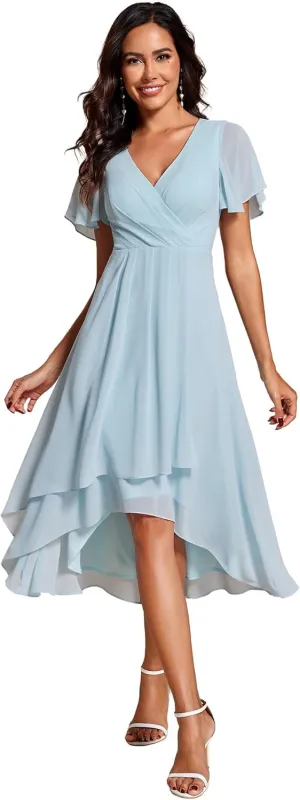 Ever-Pretty Women's A Line V Neck Ruffle Sleeves Pleated High Low Formal Dresses 02084