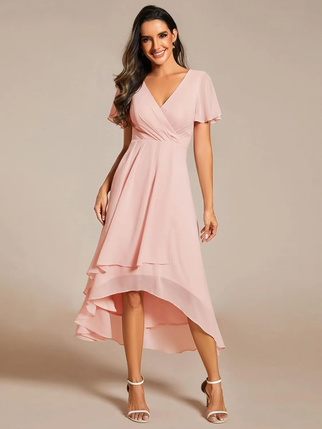 Ever-Pretty Women's A Line V Neck Ruffle Sleeves Pleated High Low Formal Dresses 02084