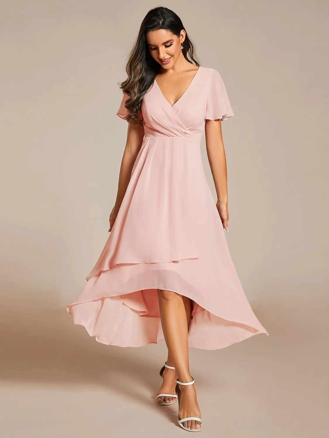 Ever-Pretty Women's A Line V Neck Ruffle Sleeves Pleated High Low Formal Dresses 02084