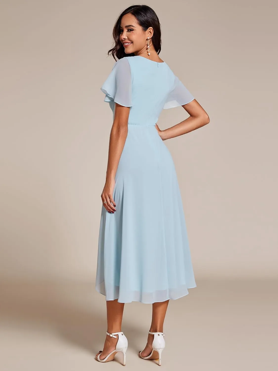 Ever-Pretty Women's A Line V Neck Ruffle Sleeves Pleated High Low Formal Dresses 02084