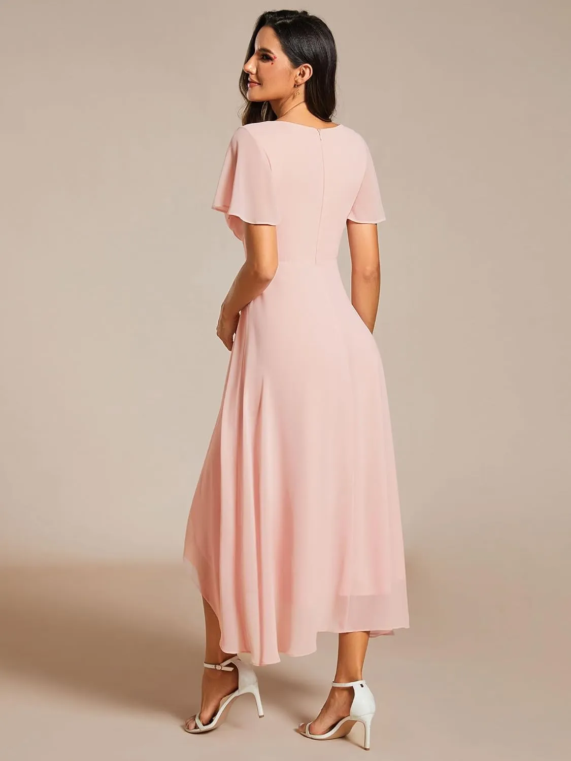Ever-Pretty Women's A Line V Neck Ruffle Sleeves Pleated High Low Formal Dresses 02084