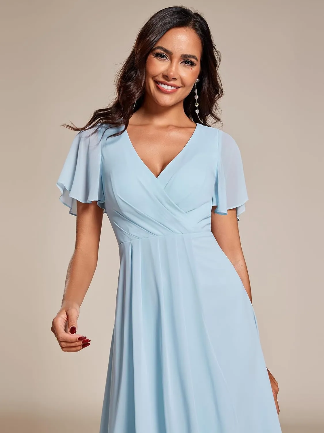 Ever-Pretty Women's A Line V Neck Ruffle Sleeves Pleated High Low Formal Dresses 02084