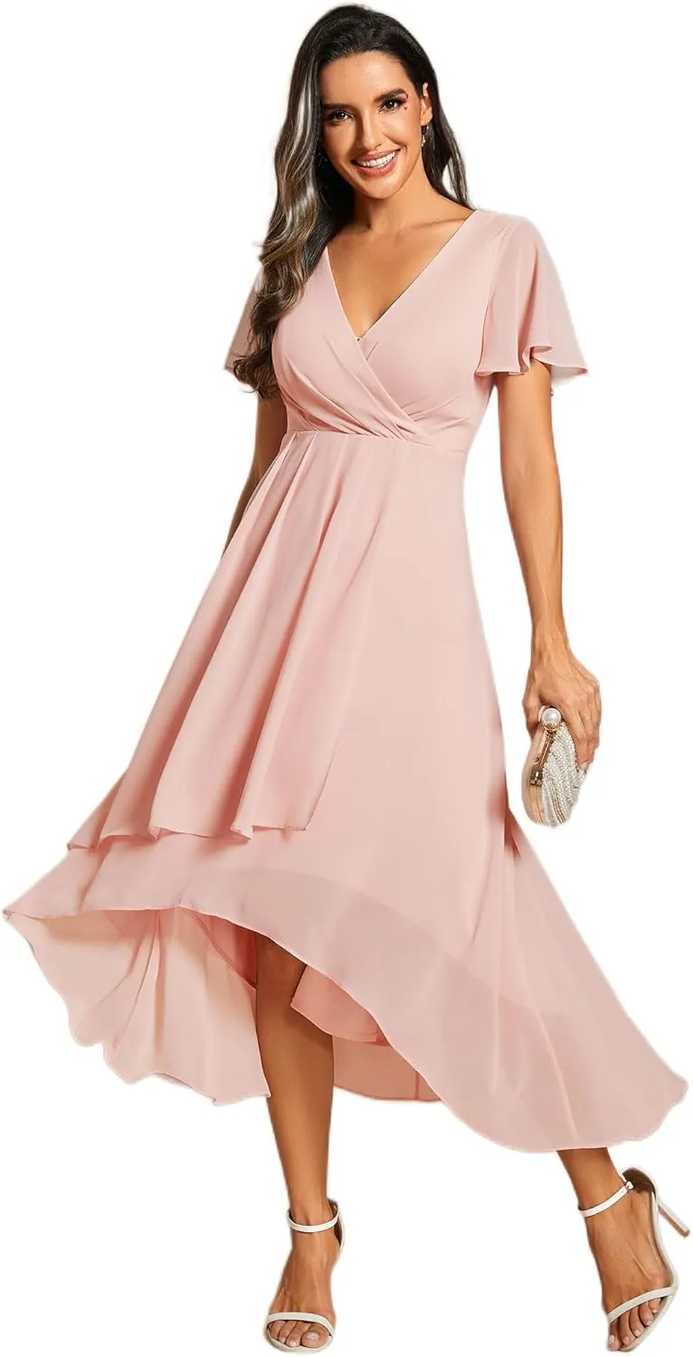 Ever-Pretty Women's A Line V Neck Ruffle Sleeves Pleated High Low Formal Dresses 02084