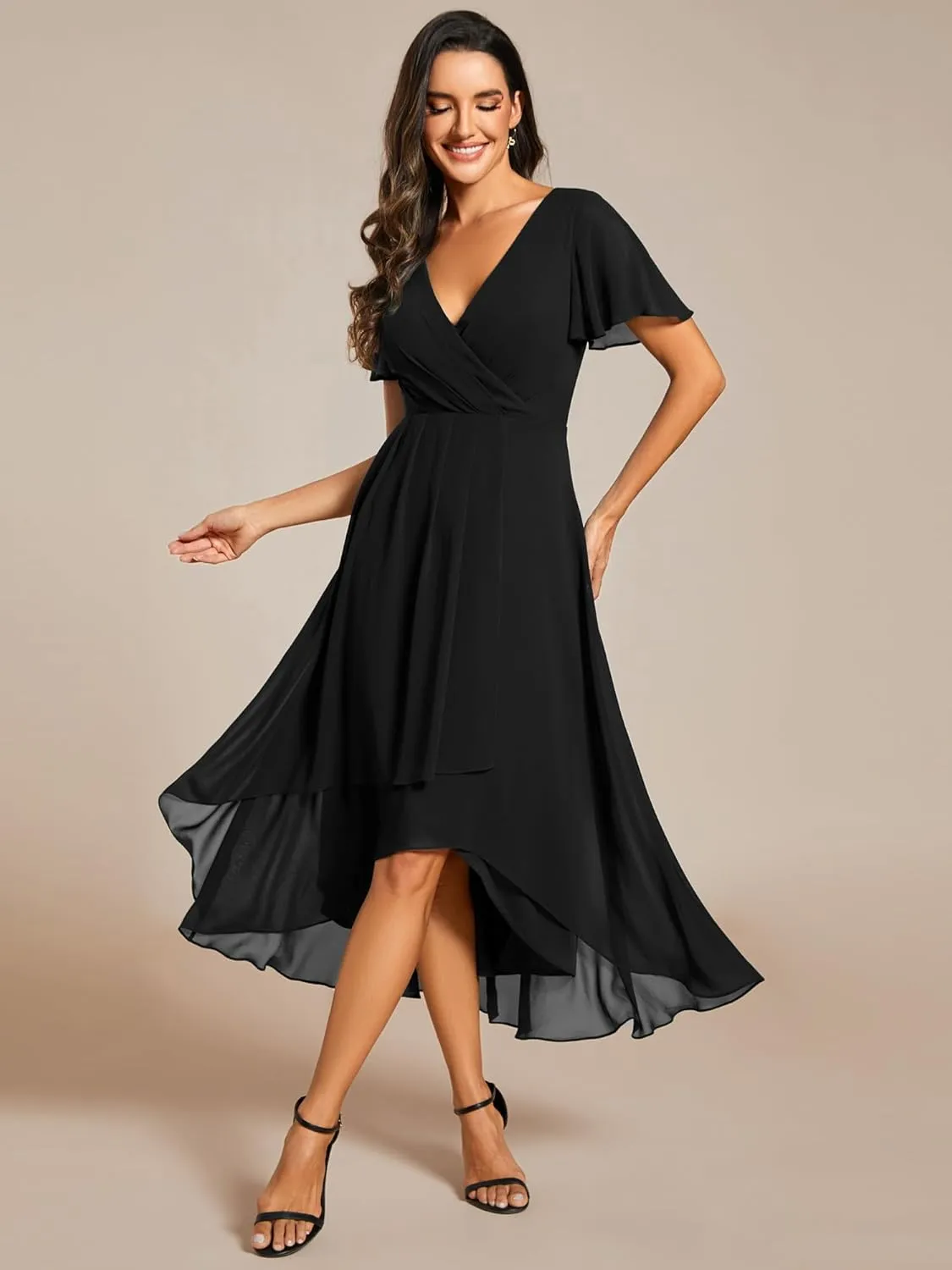 Ever-Pretty Women's A Line V Neck Ruffle Sleeves Pleated High Low Formal Dresses 02084