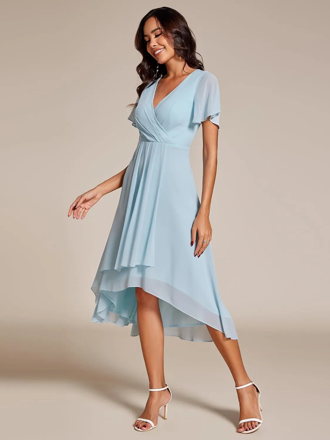 Ever-Pretty Women's A Line V Neck Ruffle Sleeves Pleated High Low Formal Dresses 02084