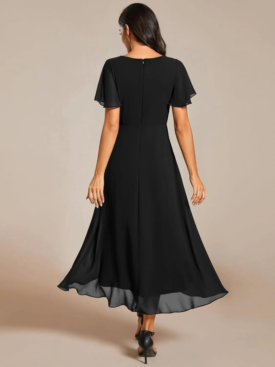 Ever-Pretty Women's A Line V Neck Ruffle Sleeves Pleated High Low Formal Dresses 02084
