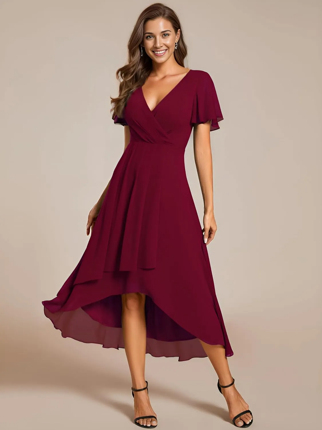 Ever-Pretty Women's Chiffon Formal Dresses V Neck Ruffle Sleeves Pleated High Low Summer Wedding Guest Dress