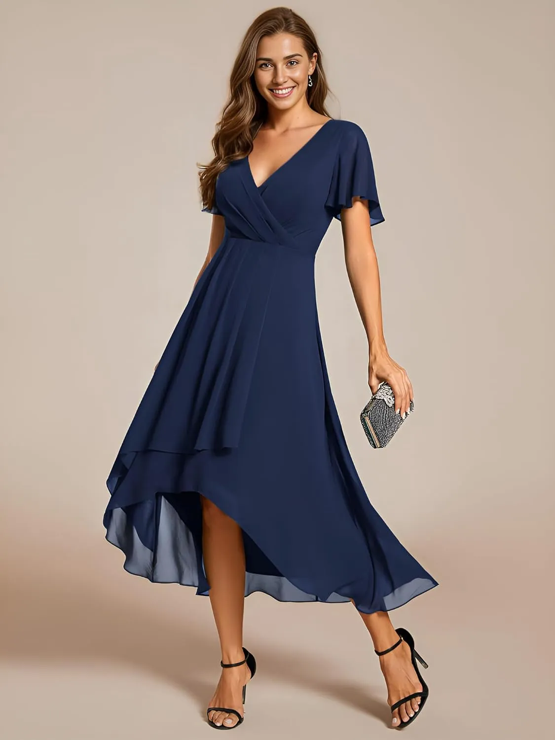 Ever-Pretty Women's Chiffon Formal Dresses V Neck Ruffle Sleeves Pleated High Low Summer Wedding Guest Dress