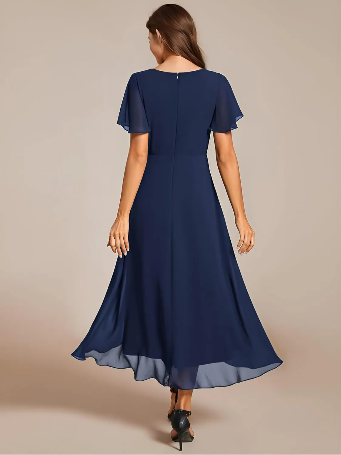 Ever-Pretty Women's Chiffon Formal Dresses V Neck Ruffle Sleeves Pleated High Low Summer Wedding Guest Dress