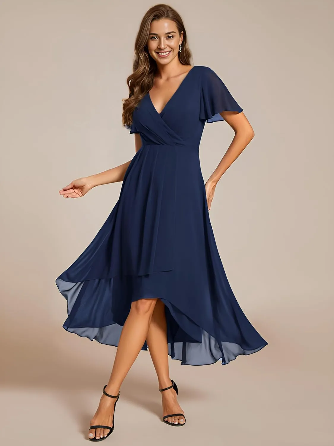 Ever-Pretty Women's Chiffon Formal Dresses V Neck Ruffle Sleeves Pleated High Low Summer Wedding Guest Dress