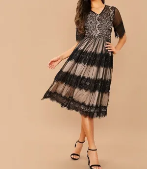 Eyelash Lace Detail Mesh Overlay Dress
