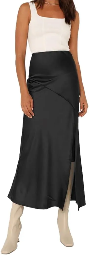 Ezcosplay Womens Satin Silk Maxi Skirt with Slit Elastic High Waist Sexy Thigh Split Silky A Line Long Skirts