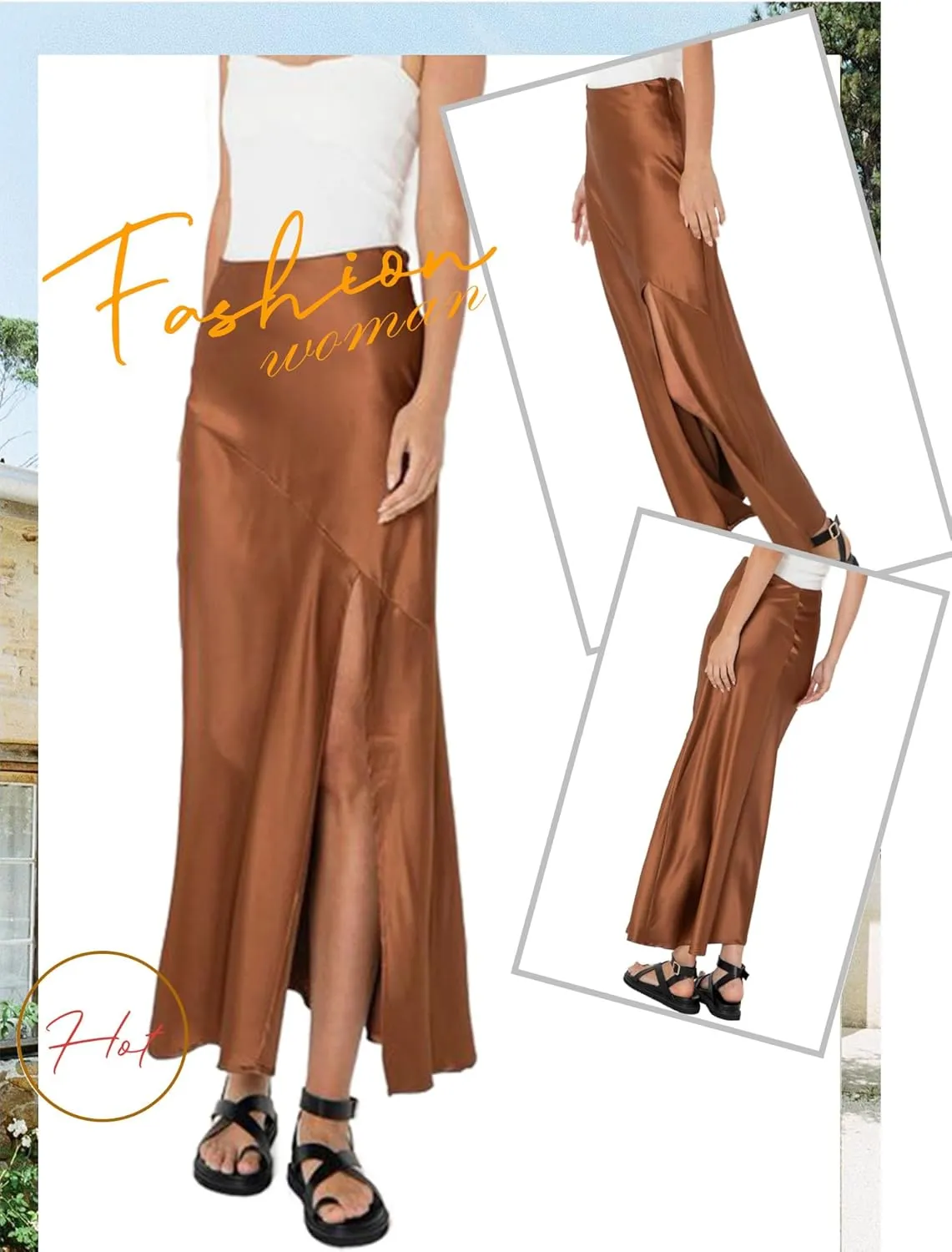Ezcosplay Womens Satin Silk Maxi Skirt with Slit Elastic High Waist Sexy Thigh Split Silky A Line Long Skirts