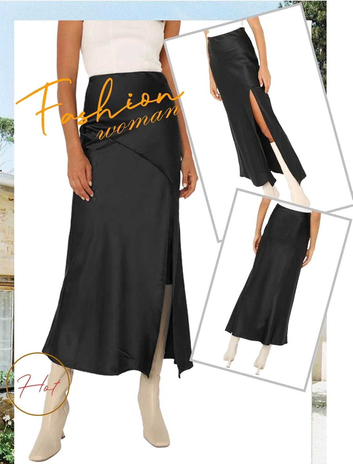 Ezcosplay Womens Satin Silk Maxi Skirt with Slit Elastic High Waist Sexy Thigh Split Silky A Line Long Skirts