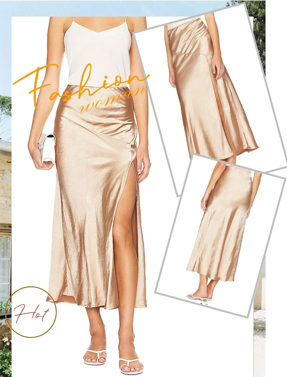 Ezcosplay Womens Satin Silk Maxi Skirt with Slit Elastic High Waist Sexy Thigh Split Silky A Line Long Skirts