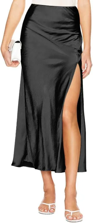 Ezcosplay Womens Satin Silk Maxi Skirt with Slit Elastic High Waist Sexy Thigh Split Silky A Line Long Skirts