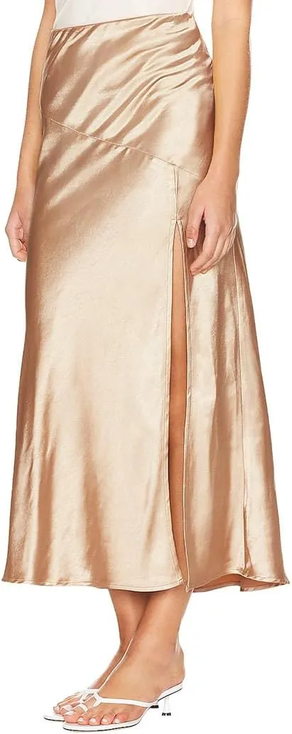Ezcosplay Womens Satin Silk Maxi Skirt with Slit Elastic High Waist Sexy Thigh Split Silky A Line Long Skirts