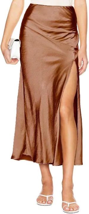 Ezcosplay Womens Satin Silk Maxi Skirt with Slit Elastic High Waist Sexy Thigh Split Silky A Line Long Skirts