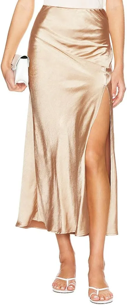 Ezcosplay Womens Satin Silk Maxi Skirt with Slit Elastic High Waist Sexy Thigh Split Silky A Line Long Skirts