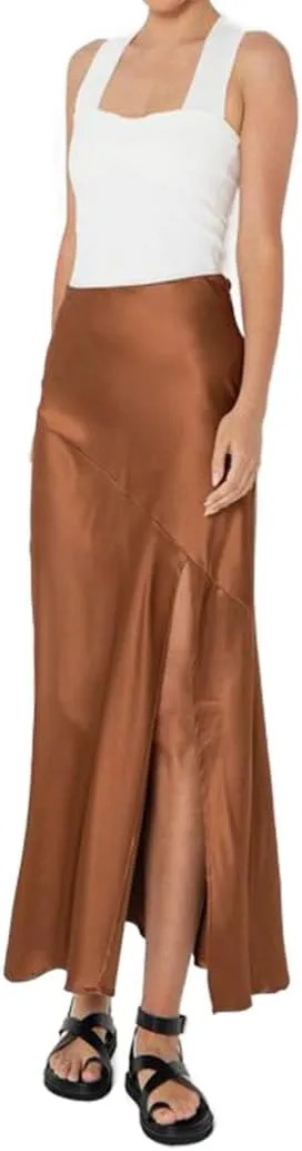 Ezcosplay Womens Satin Silk Maxi Skirt with Slit Elastic High Waist Sexy Thigh Split Silky A Line Long Skirts