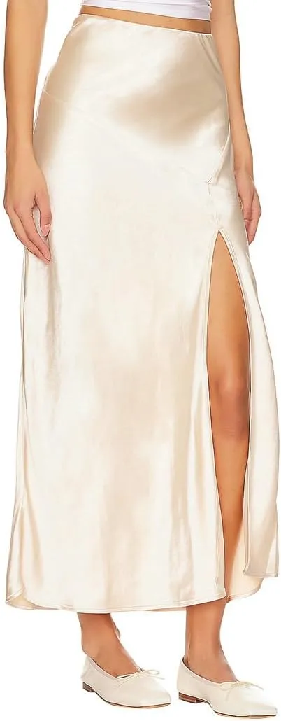 Ezcosplay Womens Satin Silk Maxi Skirt with Slit Elastic High Waist Sexy Thigh Split Silky A Line Long Skirts