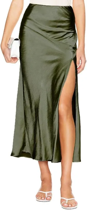 Ezcosplay Womens Satin Silk Maxi Skirt with Slit Elastic High Waist Sexy Thigh Split Silky A Line Long Skirts