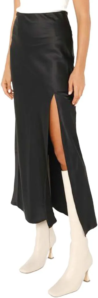 Ezcosplay Womens Satin Silk Maxi Skirt with Slit Elastic High Waist Sexy Thigh Split Silky A Line Long Skirts