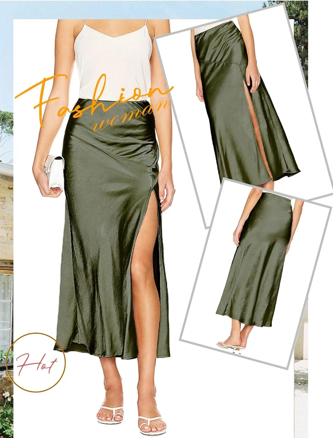 Ezcosplay Womens Satin Silk Maxi Skirt with Slit Elastic High Waist Sexy Thigh Split Silky A Line Long Skirts