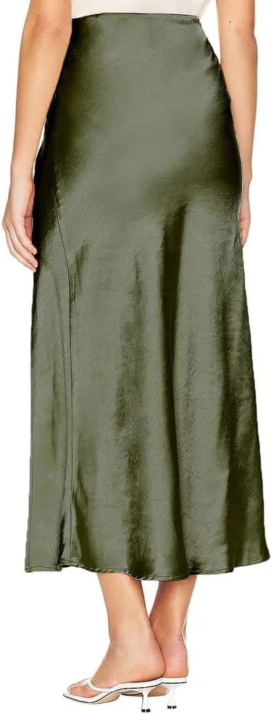 Ezcosplay Womens Satin Silk Maxi Skirt with Slit Elastic High Waist Sexy Thigh Split Silky A Line Long Skirts