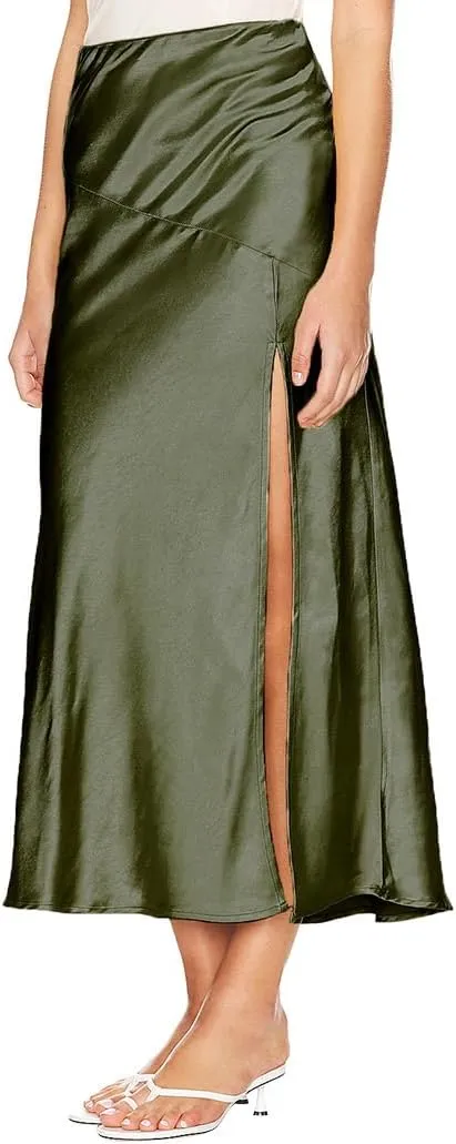 Ezcosplay Womens Satin Silk Maxi Skirt with Slit Elastic High Waist Sexy Thigh Split Silky A Line Long Skirts