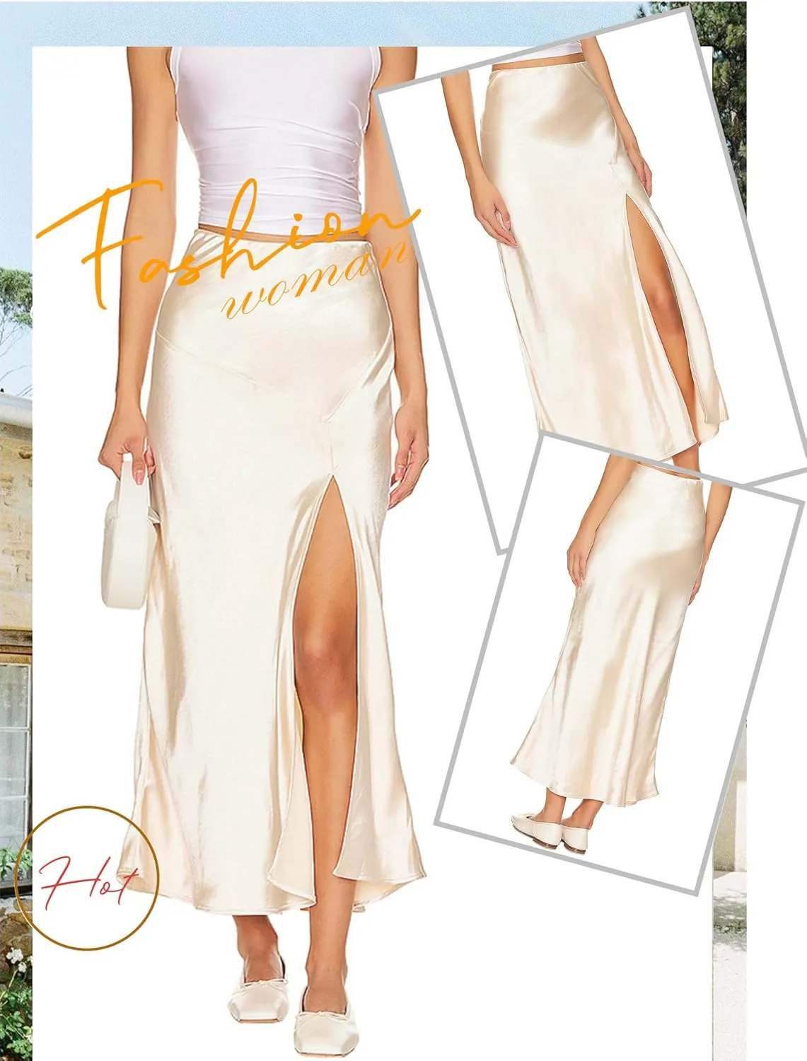 Ezcosplay Womens Satin Silk Maxi Skirt with Slit Elastic High Waist Sexy Thigh Split Silky A Line Long Skirts