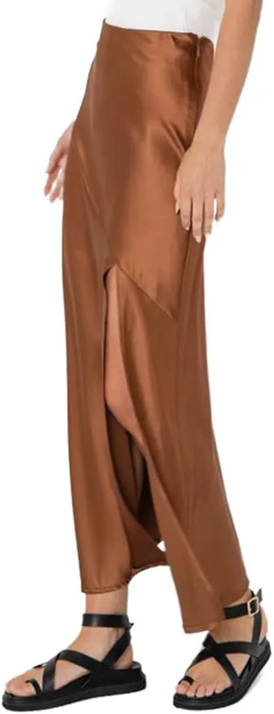 Ezcosplay Womens Satin Silk Maxi Skirt with Slit Elastic High Waist Sexy Thigh Split Silky A Line Long Skirts