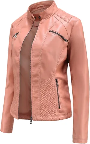 Faux Leather Jacket for Women, Stand Collar Biker Outerwear Jacket with Zipper Pockets