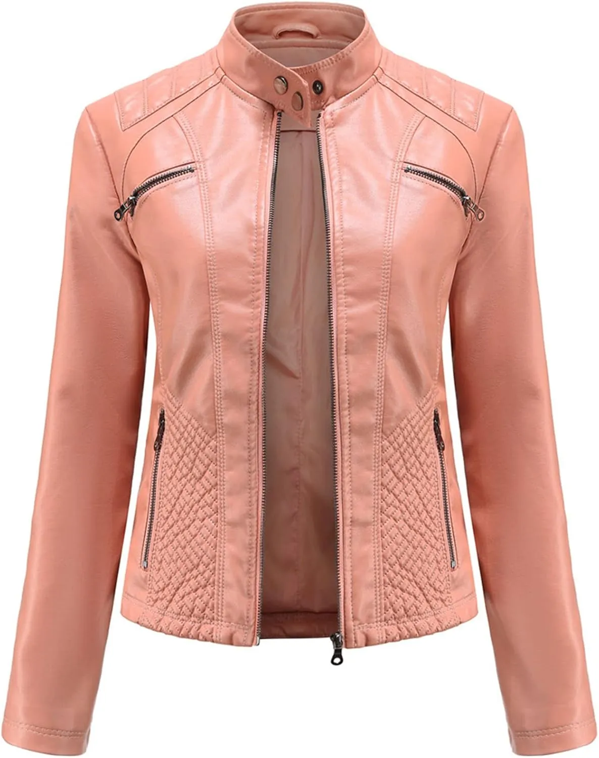 Faux Leather Jacket for Women, Stand Collar Biker Outerwear Jacket with Zipper Pockets