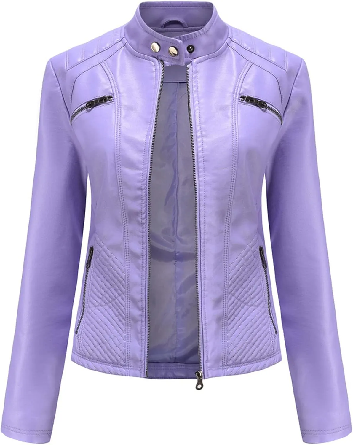 Faux Leather Jacket for Women, Stand Collar Biker Outerwear Jacket with Zipper Pockets