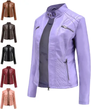 Faux Leather Jacket for Women, Stand Collar Biker Outerwear Jacket with Zipper Pockets