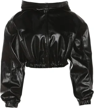 Faux Leather Jacket Women Black Leather Jacket Women Cropped Leather Jacket Long Sleeve Zipper Closure Moto Biker Top