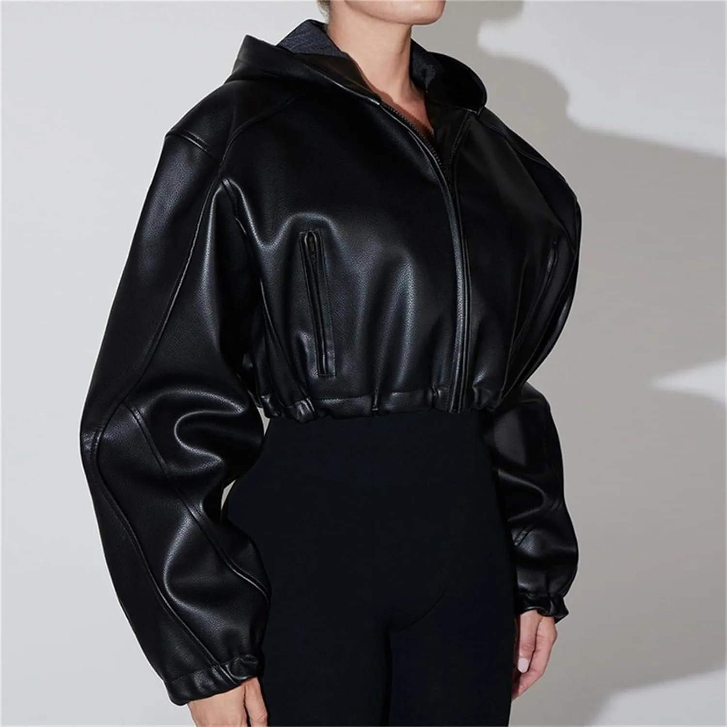 Faux Leather Jacket Women Black Leather Jacket Women Cropped Leather Jacket Long Sleeve Zipper Closure Moto Biker Top